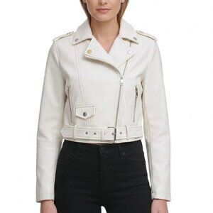 Forever 21 White Cropped Faux Leather Moto Jacket Belted Biker Coat Size Small